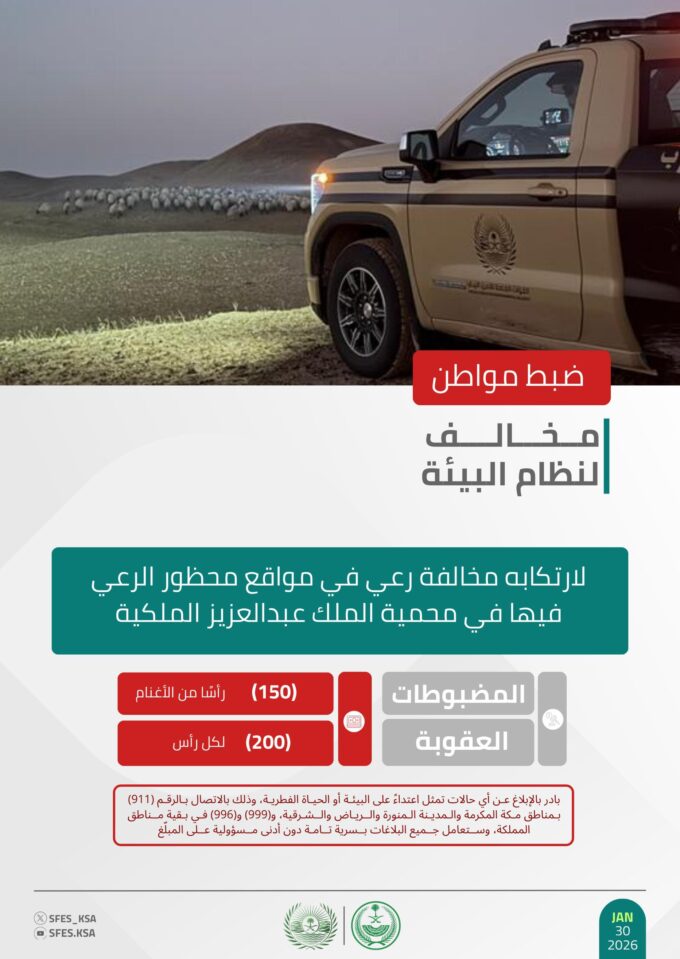 القوات الخاصة للأمن البيئي تضبط مواطنًا مخالفًا لنظام البيئة لارتكابه مخالفة رعي في محمية الملك عبدالعزيز الملكية#القوات #الخاصة #للأمن #البيئي #تضبط #مواطنا #مخالفا #لنظام #البيئة #لارتكابه #مخالفة #رعي #في #محمية #الملك #عبدالعزيز #الملكية