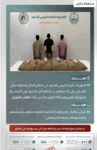 إحباط تهريب 80 كيلوجرامًا من القات والقبض على 3 مخالفين في جازان#إحباط #تهريب #كيلوجراما #من #القات #والقبض #على #مخالفين #في #جازان