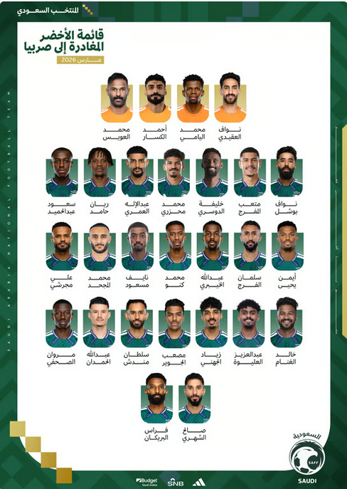 رينارد يعلن قائمة الأخضر بـ27 لاعباً ويضم العويس قبل معسكر صربيا استعداداً لمونديال 2026#رينارد #يعلن #قائمة #الأخضر #بـ27 #لاعبا #ويضم #العويس #قبل #معسكر #صربيا #استعدادا #لمونديال