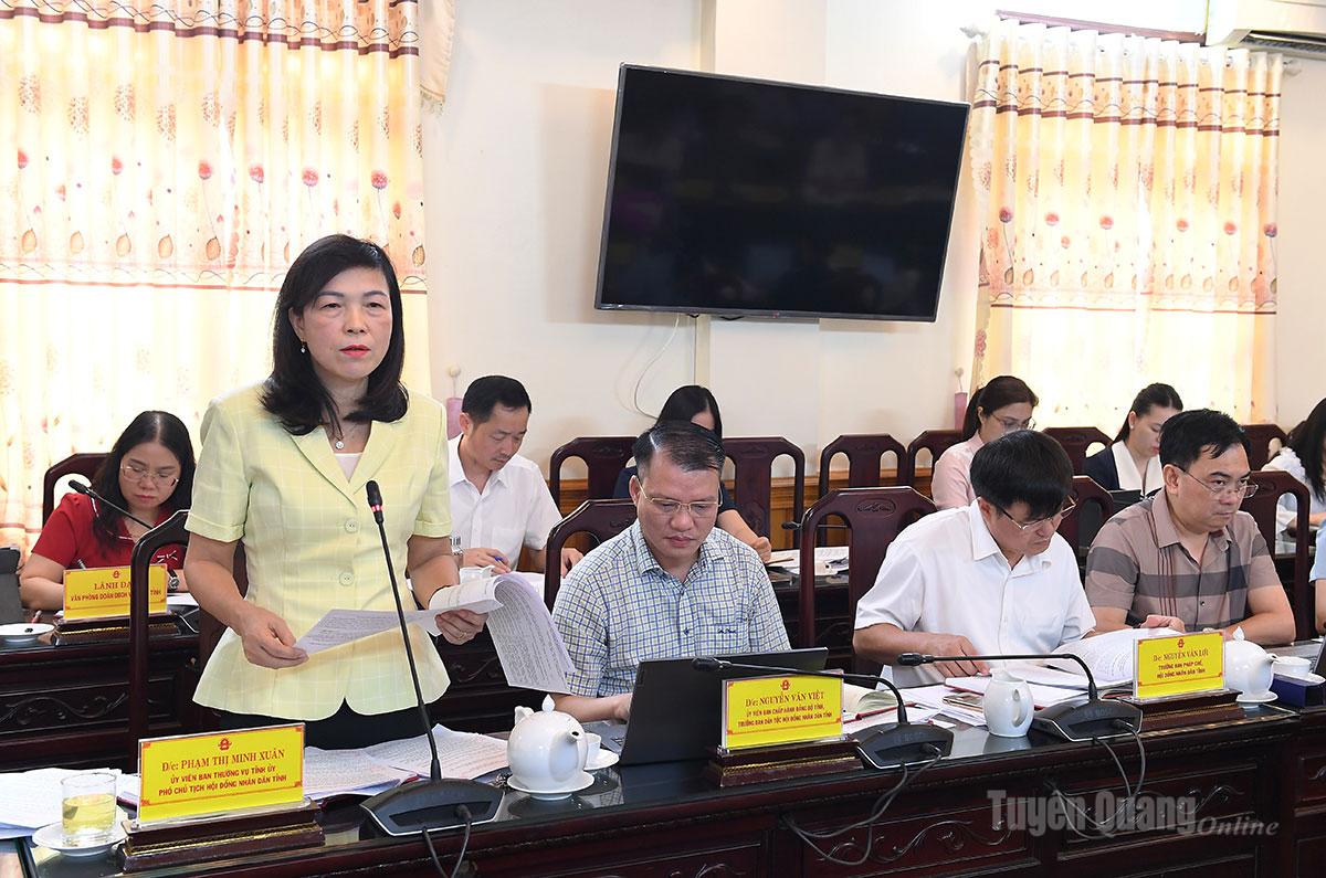 Genossin Pham Thi Minh Xuan, stellvertretende Vorsitzende des Provinzvolksrats, hielt eine Rede und äußerte ihre Meinung zu verschiedenen Inhalten und Programmen der vierten Sitzung des Provinzvolksrats.