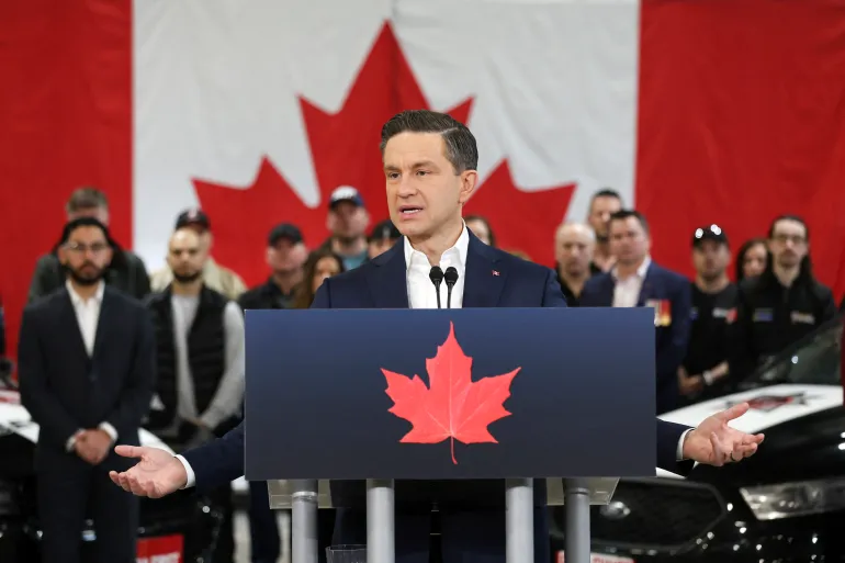 Canadian Conservative leader Pierre Poilievre speaks during a campaign event on April 12, 2025, in Ottawa, Canada.