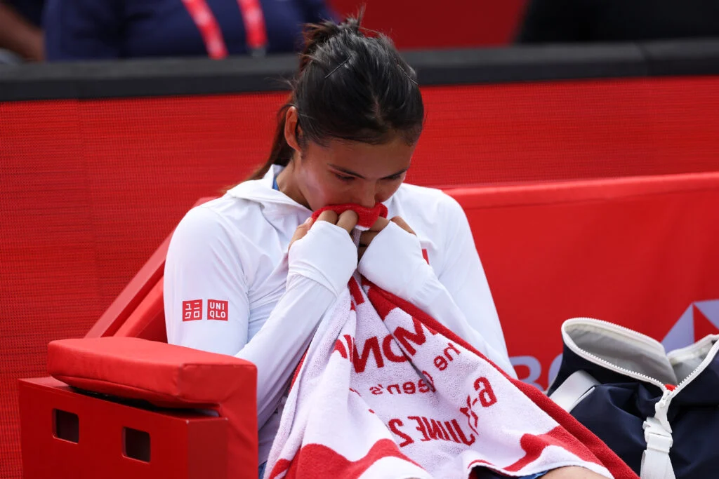 Emma Raducanu reacts after losing the Queen's final to Donna Vekic.