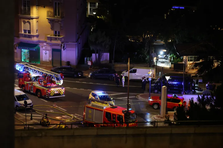Monaco emergency services are deployed near the site of an explosion in a residential building in Monaco, near the French border, on June 29, 2026.