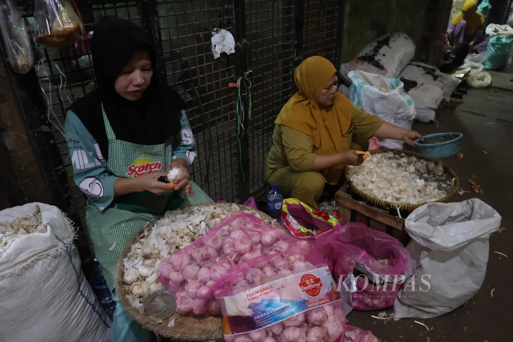 Buruh kupas membersihkan kulit bawang putih di Pasar Induk Kramatjati, Jakarta, Sabtu (18/7/2026). Tingginya nilai tukar dolar berimbas pada naiknya harga bawang putih. Menurut data Pusat Informasi Harga Pangan Strategis Nasional Bank Indonesia, harga rerata bawang putih saat ini Rp 43.750 per kilogram, jauh di atas harga acuan penjualan (HAP) bawang putih di tingkat konsumen, yakni Rp 38.000-Rp 40.000 per kg tergantung wilayah.
KOMPAS/TOTOK WIJAYANTO
18-07-2026